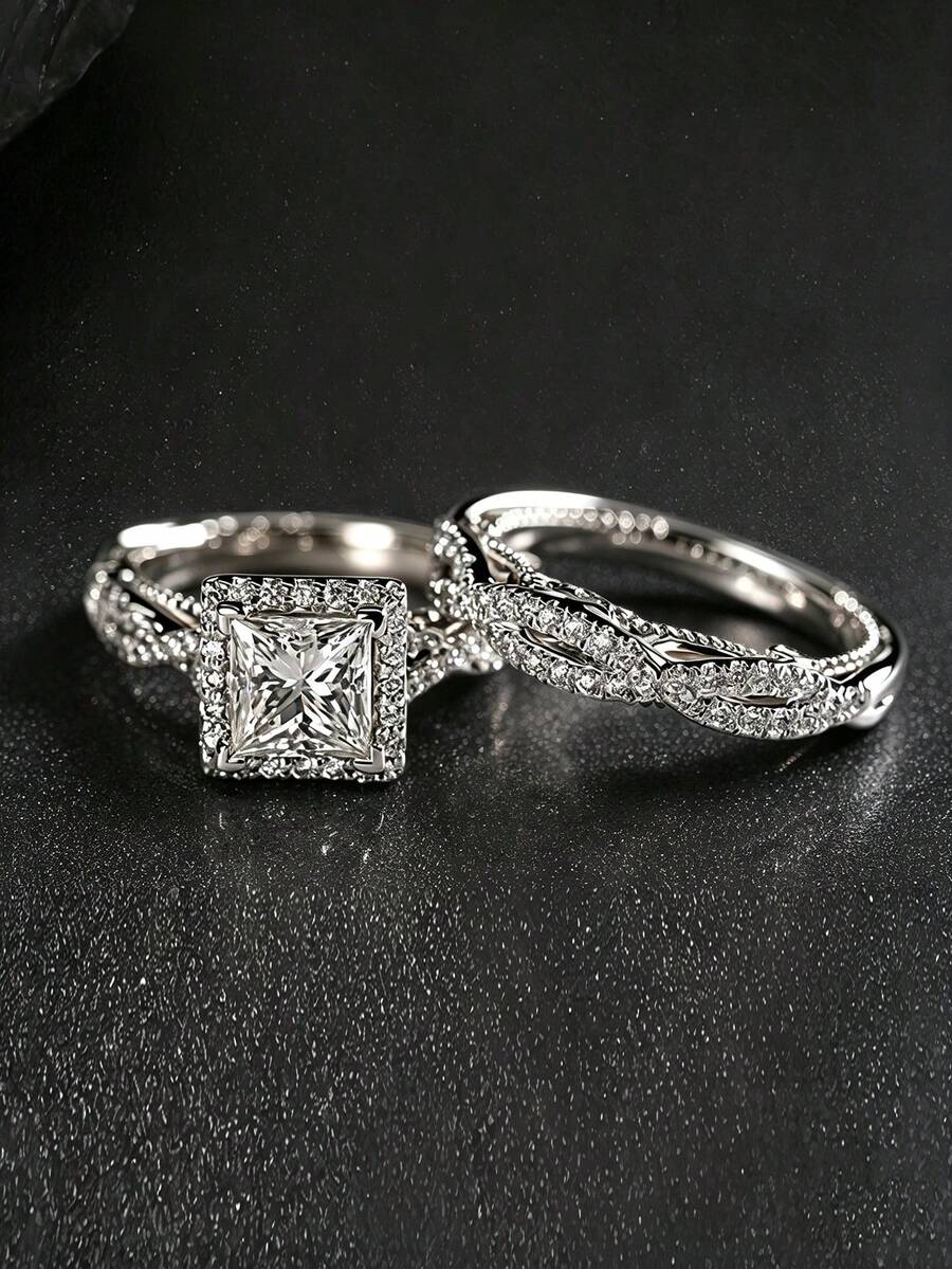 2pcs Fashion Elegant Unique Luxury Elegant Rings Niche Design High-End Couple Rings Suitable For Daily Wear - Silver - View 1
