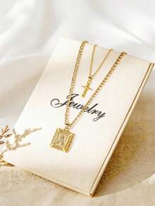 1pc Multi-Layer Letter Cross Necklace, A-Z Women Girls Layered Square Letter Pendant Figaro Chain Cross Necklace - Yellow Gold - View 18