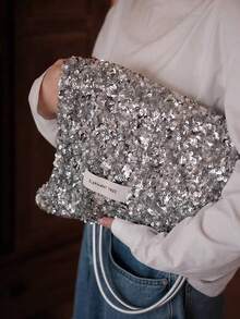 Túi tote đeo vai bằng canvas trang trí sequin thiết kế độc đáo cao cấp, túi xách nữ đi làm dung tích lớn, mẫu mới mùa thu 2026 - Bạc - Xem 2