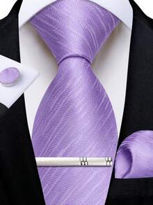 Men's 4-Piece Tie Set, Light Purple Jacquard Diagonal Stripe, Pocket Square, Cufflinks, Silver Tie Clip, Suitable For Banquet And Formal Occasions Suit Matching - Mauve Purple - View 1