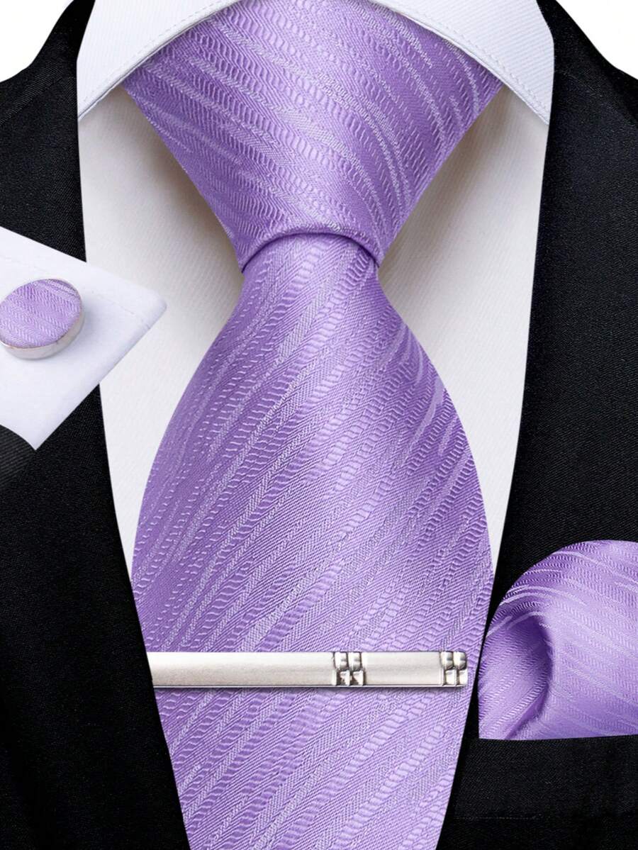 Men's 4-Piece Tie Set, Light Purple Jacquard Diagonal Stripe, Pocket Square, Cufflinks, Silver Tie Clip, Suitable For Banquet And Formal Occasions Suit Matching - Mauve Purple - View 1
