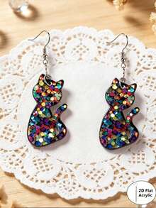 1Pair Colorful Glitter Black Cat 2D Flat Acrylic Dangle Earrings For Women Halloween Party Decor No Box. - Cat - View 5