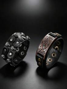 2pcs Punk Style Sports Casual Geometric Design Bracelets, Suitable For Men's Party, Sports, Fashion Wear, Exquisite Bracelet Gift For Men - Black - View 1