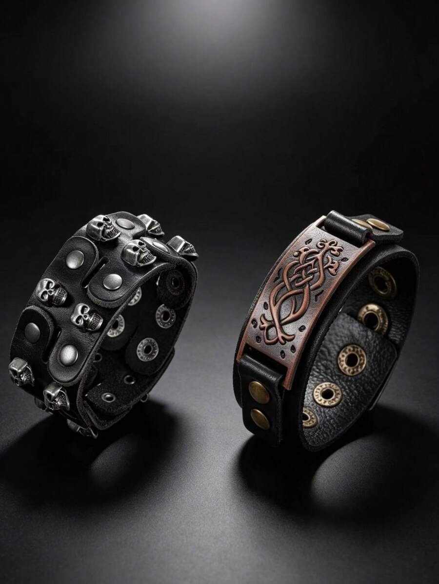 2pcs Punk Style Sports Casual Geometric Design Bracelets, Suitable For Men's Party, Sports, Fashion Wear, Exquisite Bracelet Gift For Men - Black - View 1