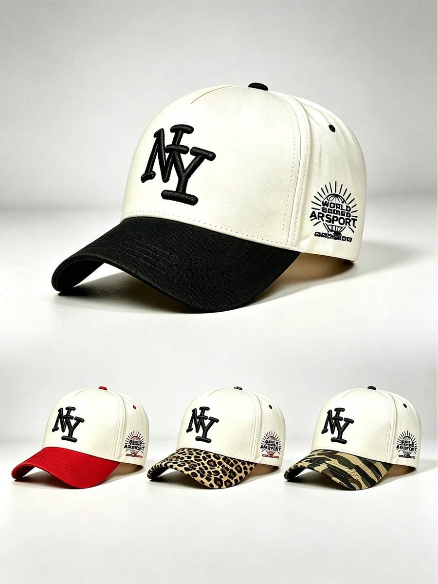 1pc Men NY Letter Embroidered Baseball Cap, Side Print,Color Block Adjustable Snapback Hat, Fashion Casual Sun Hat For Street Travel Hiking Party Outdoor Sports