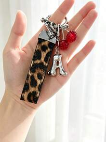 26 Alphabet Car Keychains, Silver Letter Zinc Alloy Accessories, Leopard Print Cherry Pendant, PU Rope Car Lock Key Fob, Car Remote Control Hanging Decoration, Bag Decoration Pendant, Car Key Ring, Key Chain Key Accessories. Holiday Gift, - Letter - View 27