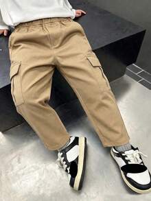 1pc Boys' Simple Casual Elastic Waist Multi-Pocket Straight Leg Work Pants, Spring Summer Autumn - Khaki - View 4