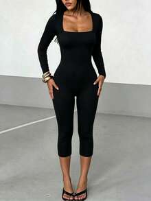 AiTyi Women's Y2K Square Neck Long Sleeve Capri Bodycon Jumpsuit, Tight Stretch Shaping Romper For Daily,Slim Fit,Versatile,Fall/Winter,Halloween - Black - View 2