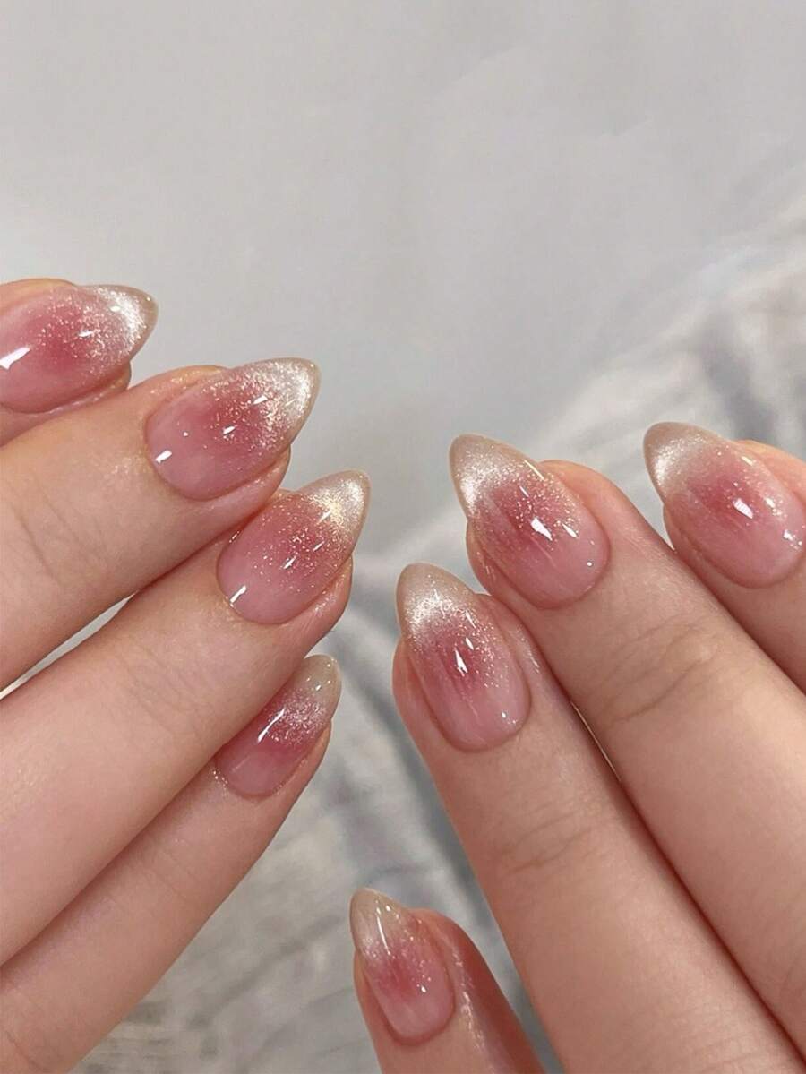 24pcs Neutral Short Oval Acrylic Nail Tips Set, Nude Gold Glitter Gradient, Removable Full Coverage, Long-Lasting. Set Includes 1 Adhesive Sheet And 1 Mini Nail File, Suitable For Daily Wear. - Multicolor - View 1