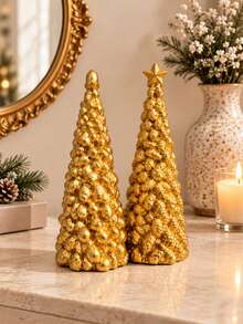 Gold Christmas Tree Tabletop Decor, Elegant Holiday Centerpiece, Star-Topped Festive Home Decoration, Suitable For Living Room, Mantel, Bookshelf, Dining Table, Winter Party, Christmas Wedding And Seasonal Holiday Display - Multicolor - View 3