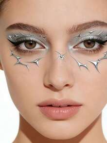 1pc Silver Y2K Cyber Sharp Angle Eye Sticker, Sharp Trident Star Multi-Angle Shape Patch, Shiny Silver Long-Lasting And Not Easily Faded, Adheres Naturally Without Curling, Suitable For Cosplay Halloween Party, Girls Face Sticker, Apply To Eye Corner And Cheekbone, Cyberpunk Festival Stage Makeup - Black - View 4