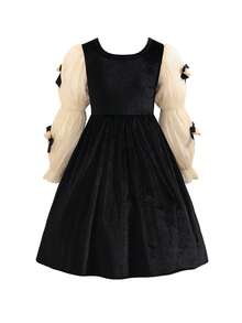 Tween Girls Christmas Velvet Dress, Square Neck Contrast Puff Sleeve, Bow Decor Princess Halloween Birthday Holiday Party Gown Dresses 8-12Y - Black - View 6