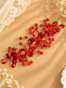 KOVLYNE 1pc Red Beaded Flower Headband, Sparkling Rhinestone Floral Hair Accessory, Elegant Eye-Catching Headpiece Suitable For Weddings, Parties, Date Nights And Special Occasions - Red - View 4
