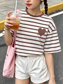 1件女童大童夏季美式甜酷風紫色條紋印花短袖上衣+短褲套裝，美式復古足球風兒童夏季套裝 - 棕色 - 查看 2