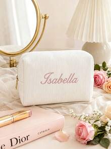1pc Embroidered Corduroy Makeup Bag, Jewelry Storage Pouch, Customizable Letter Pattern, Personalized Bridesmaid Gift, Cute Travel Toiletry Bag, Unique Birthday Gift - Multicolor - View 5