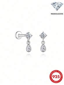 AnlaScheer 1pc Moissanite 925 Sterling Silver Teardrop Shaped 4-Stone Flat Back Cartilage Conch Piercing Stud Earrings, Women's Engagement Wedding Bridal Jewelry - Silver - View 1