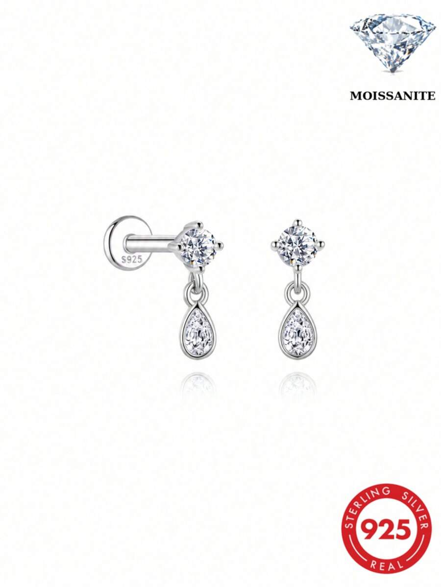 AnlaScheer 1pc Moissanite 925 Sterling Silver Teardrop Shaped 4-Stone Flat Back Cartilage Conch Piercing Stud Earrings, Women's Engagement Wedding Bridal Jewelry - Silver - View 1