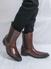 Men's Brown Chelsea Boots Square Toe Side Elastic Band Slip-On Ankle Boots British Style Height-Increasing Chunky Heel Shoes - Brown - View 8