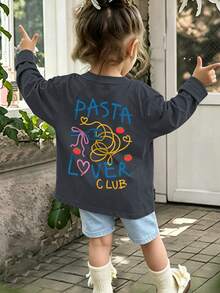 1件女嬰可愛長袖T恤，「PASTA LOVER CLUB」印花，柔軟面料，休閒風格 - 深灰色 - 查看 2
