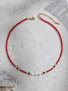 1 buah Kalung Wanita Manik Batu Mutiara Baja Tahan Karat, Modis dan Serbaguna untuk Pemakaian Sehari-hari - Merah-N1512 - View 2