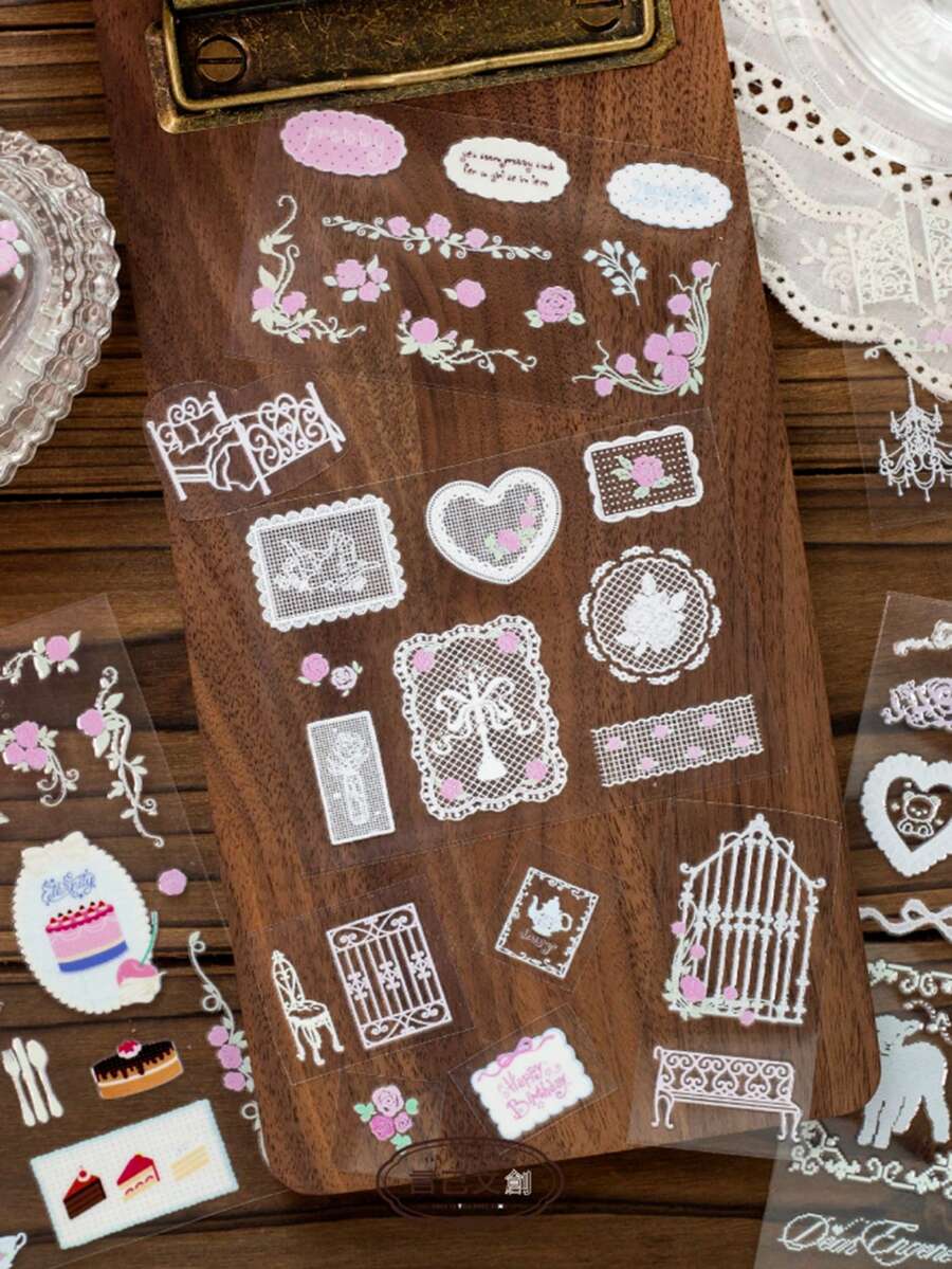 1pc Lace Pattern Planner Sticker, Creative Aesthetic Decal, DIY Decorative Collage Craft Material, Holiday Gift, Personalized Scrapbook School Stationery Supplies - PET - View 1