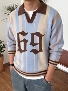 1pc Tween Boys' Vintage Striped Polo Collar Loose Sweater, Spring/Autumn/Winter - Multicolor - View 5