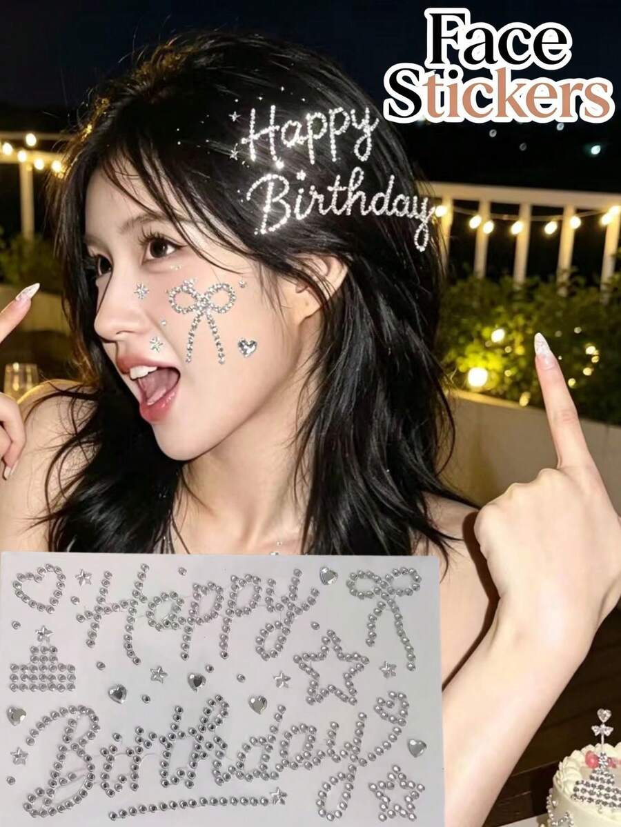 1pc Birthday Theme Rhinestone Face Decoration Sticker, English Happy Birthday Bow Heart Star Rhinestone Pattern, Self-Adhesive Glue-Free Design, Theme Party Banquet Photography Girl Style Facial Makeup Embellishment Sticker - Multicolor - View 1