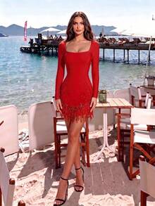 Elegant Women's Long Sleeve Tassel Rhinestone Hem Bandage Dress - Red - View 1