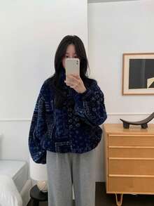 YCYC Vintage Elegant Floral Pattern Fuzzy Jacket Women Winter Stand Collar Padded Coat - Blue - View 3
