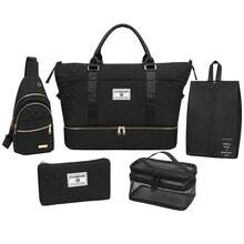 5‑In‑1 Travel Duffel Bag Set Quilted Weekender Tote With Shoe Compartment Cosmetic Pouch Sling Backpack For Travel - Black - View 8