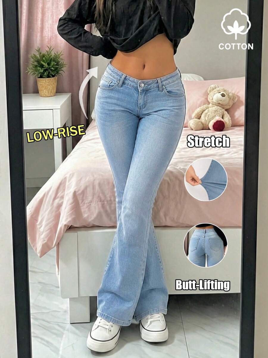 MYOURSA Light Blue Washed Stretch Low Waist Flare Jeans, Comfortable Campus Daily Wear Bootcut Denim Pants Casual Fall - Light Wash - View 1