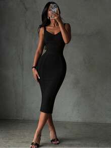 Women's Summer Spaghetti Strap Patchwork Sexy Ribbed Bandage Elegant Backless Black Mid-Length Fitted Dress, Suitable For Outings, Evening Parties, Cocktail Events - Black - View 9