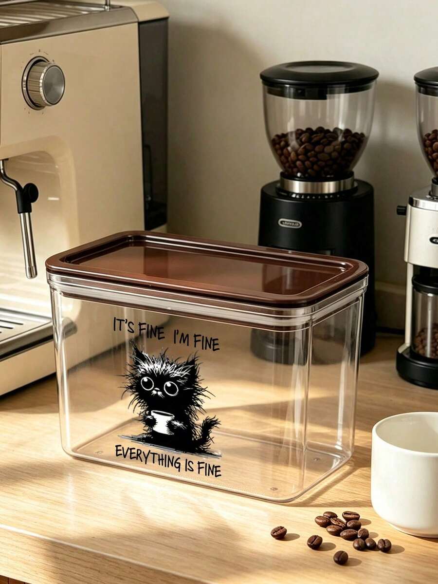 Cute Cat Coffee Pattern Transparent Sealed Coffee Storage Can, Sealed Plastic Food Can, Large Capacity, Dustproof And Moisture-Proof, Kitchen Countertop Coffee Area Storage Boxcoffee Bar Decoration, Kitchen Countertop Storage, Coffee Enthusiast Gifts - Multicolor - View 1