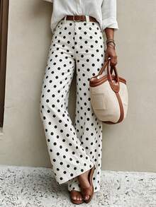Women High Waist Polka Dot Wide Leg Pants, Elastic Loose Straight Leg Trousers Casual Work Office Long Pants,Fall Clothes For Women,Fall Style - White - View 6