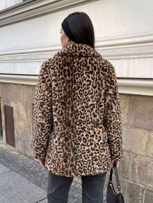 Abrigo Largo con Estampado Leopardo con Cuello Tipo Solapa y Bolsillos Frontales para Mujer - Marrón - Ver 3