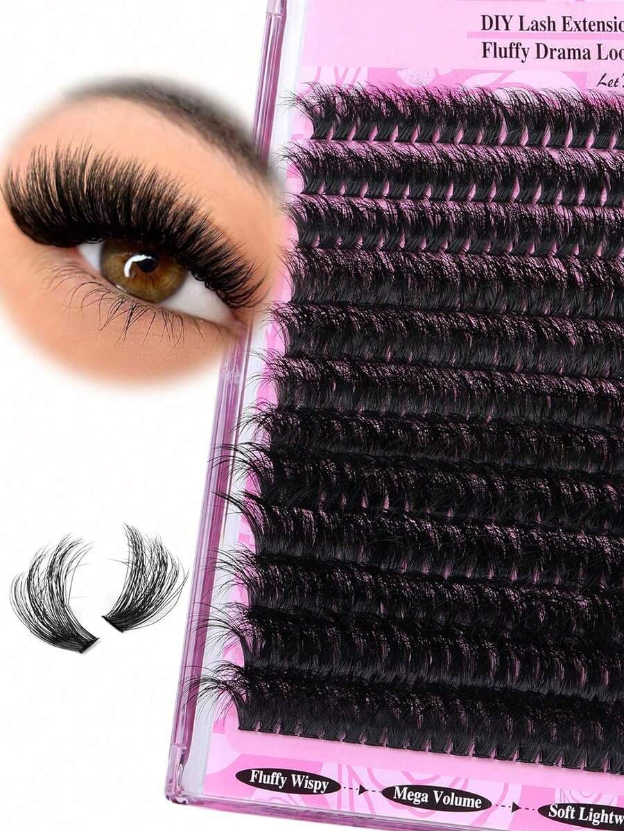 YIDUO 200D Mega Volume Lash Clusters D Curl Fluffy Wispy DIY Lash Extension Mixed Length 14‑20mm Soft Thin Band Individual Cluster Lashes Reusable Dramatic Look For Halloween Party Wedding Daily Eye Makeup For Beginner - D - View 1