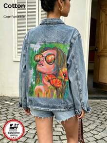Women's Denim Jacket, Fashion Lady Print, DTG Printing, Vintage Washed Loose Fit - Light Denim Blue 4 - View 6