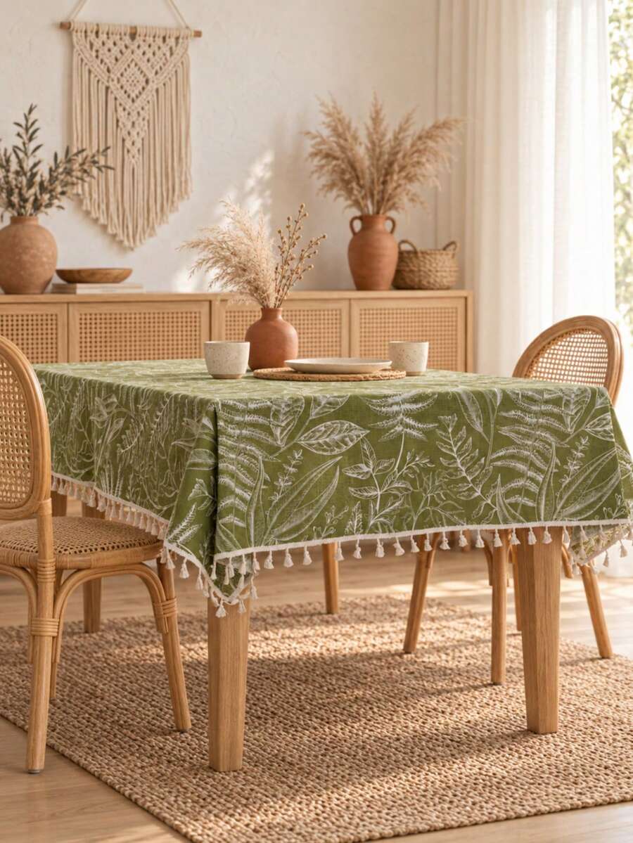 MeijiaMo 1pc Green Leaf Print Rectangular Tablecloth, Bohemian Pastoral Style With Beige Tassel Dust-Proof Home Decor Table Runner, Suitable For Hotel Bedroom Living Room Coffee Table Kitchen Dining Room Dining Table Outdoor Party Holiday Decoration, All Seasons - Green - View 1