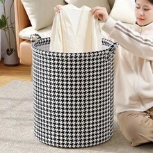 1pc Round Fabric Laundry Basket, Large Capacity Multi-Functional Storage Bin With Sturdy Handles, Classic Houndstooth Print, Suitable For Bedroom, Bathroom, Dorm, Dirty Clothes, Toys, Blankets Organizer, Home Storage Accessory - Multicolor - View 6