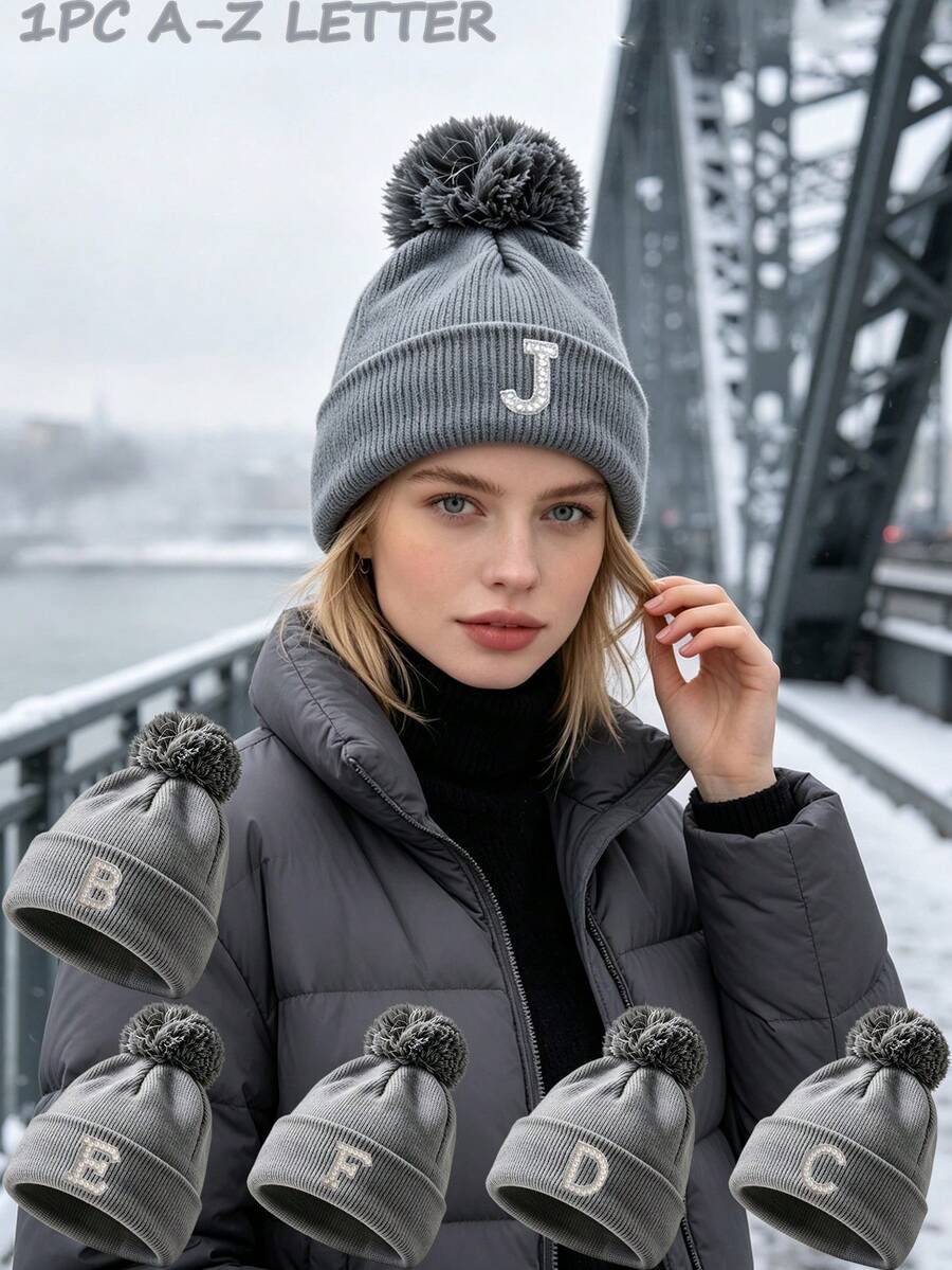 1pc Women's Pom‑Pom Decor Cuff Ribbed Knit Beanie Hat, A-Z Letter Applique Detail, Soft Warm Fall‑Winter Headwear, Fashion Fall Outfit Essential - Grey - View 1
