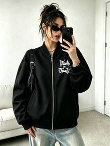 Personalized Custom Women's Stand Collar Zip-Up Jacket Sweatshirt - Front & Back Pattern Custom LOGO/Image, Christmas Pattern, Halloween, Pumpkin Pattern, Thanksgiving, Turkey Pattern, School Uniform, Advertising Printing, Custom Friends/Family/Couples/Pets, Personalized Photo/Birthday/Anniversary/Valentine's Day Photo Customization - Black - View 3