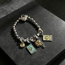 1pc Vintage Tarot Card Element Star Heart Lock Beaded Bracelet, Sweet Cool Girl Personalized Hip Hop Style Versatile Alloy Hand Jewelry Accessory - Multicolor - View 4