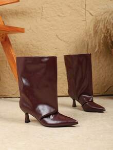 HGUIGJ Autumn/Winter Pointed Toe Women's Glossy Fold-Over Mid-Calf Boots Kitten Heel Side Zipper Slip-On Y2K Punk Street Style Suitable For Daily Wear Commute Party - Burgundy - View 4