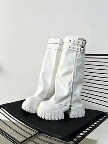 White Detachable Leg Tube Thick Sole Boots Women Punk Y2K 2-Way Wear High Tube Boots Height Increasing Motorcycle Boots - White - View 3