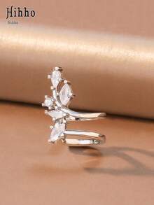 Hihho 1pc Exquisite Asymmetrical Horse Eye Zirconia Double C Ear Cuff, Layered Aesthetic Accessory For Women, Streamlined Leaf Rhinestone No-Piercing Ear Cartilage Clip, Elegant Ear Jewelry For Photo, Gift - Streamlined Leaves - View 10