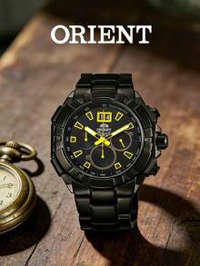 Orient Series All Black Luminous Yellow Hands Elite Series Analog Dial Large Date Chronograph Stainless Steel Band Sports Racing Tactical Social Men's Watch - Black - View 1