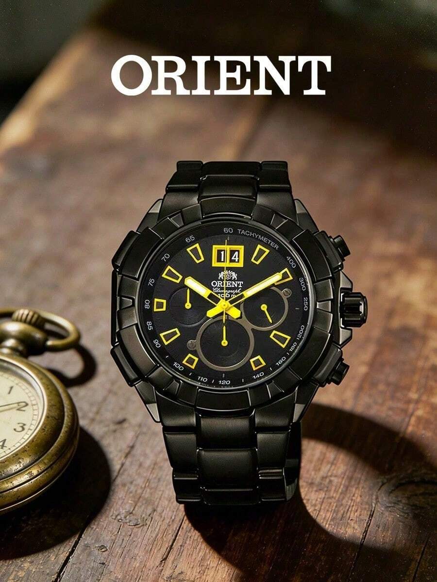Orient Series All Black Luminous Yellow Hands Elite Series Analog Dial Large Date Chronograph Stainless Steel Band Sports Racing Tactical Social Men's Watch - Black - View 1
