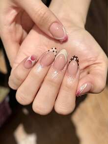 24片中號杏仁形穿戴式假指甲，粉色腮紅漸層與棕色波點法式緞帶設計，甜美溫柔秋季美甲，適合女性/女孩日常通勤、約會、派對，可重複使用假指甲套組 - 彩色 - 查看 1