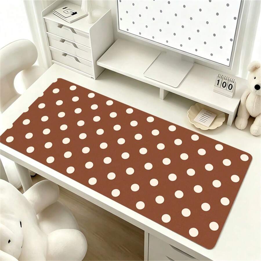 Korean INS Full Screen Brown Base White Polka Dots PU Leather Desk Pad Protector Mouse Pad Office Desk Mat Waterproof Non-Slip PU Desk Blotter Pad Gaming Esports User - View 1