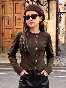 Girls' Urban Fashion Suede Jacket With Scalloped Edge, Open Front And Metal Button Decor, Back To School Campus Outfit, Autumn/Winter Casual Daily Wear - Brown - View 1